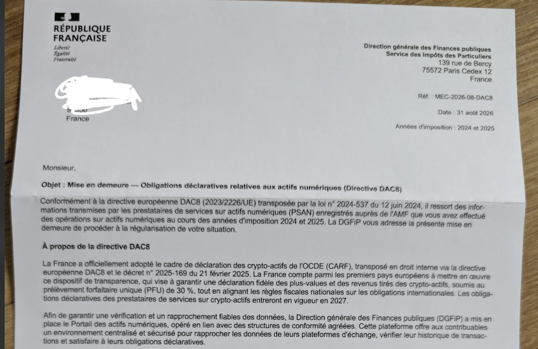 Crypto et impôts : attention à cette fausse mise en demeure DAC8 qui imite la DGFiP
