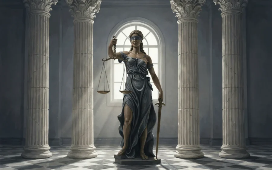 Statue allégorique de la justice tenant une balance et un glaive, placée dans une grande salle aux colonnes classiques.