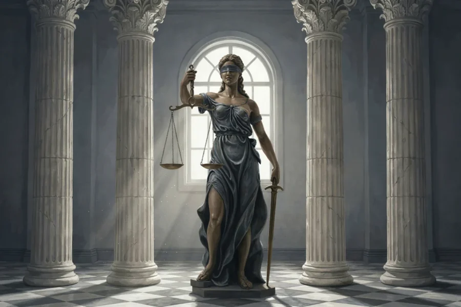 Statue allégorique de la justice tenant une balance et un glaive, placée dans une grande salle aux colonnes classiques.