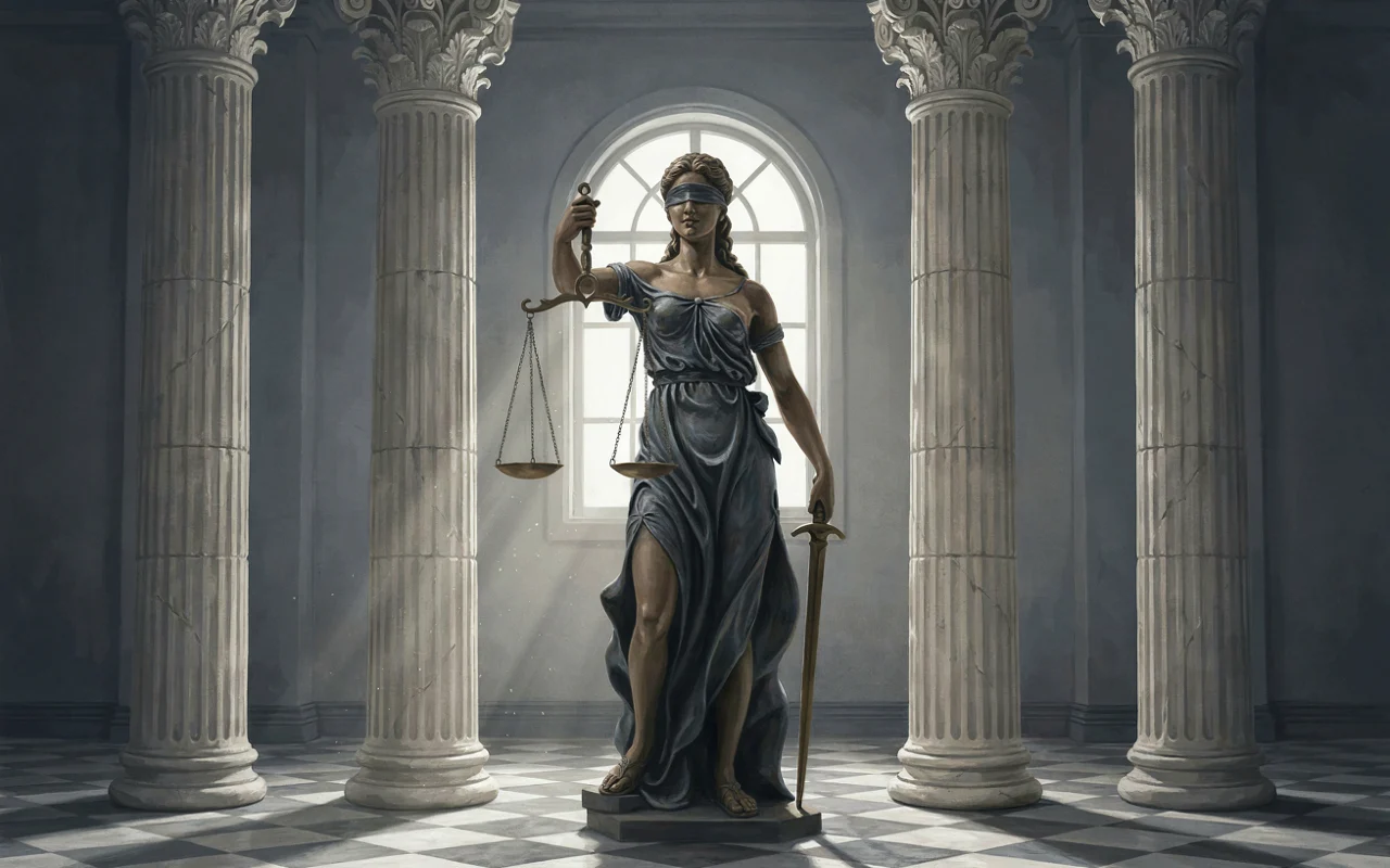 Statue allégorique de la justice tenant une balance et un glaive, placée dans une grande salle aux colonnes classiques.