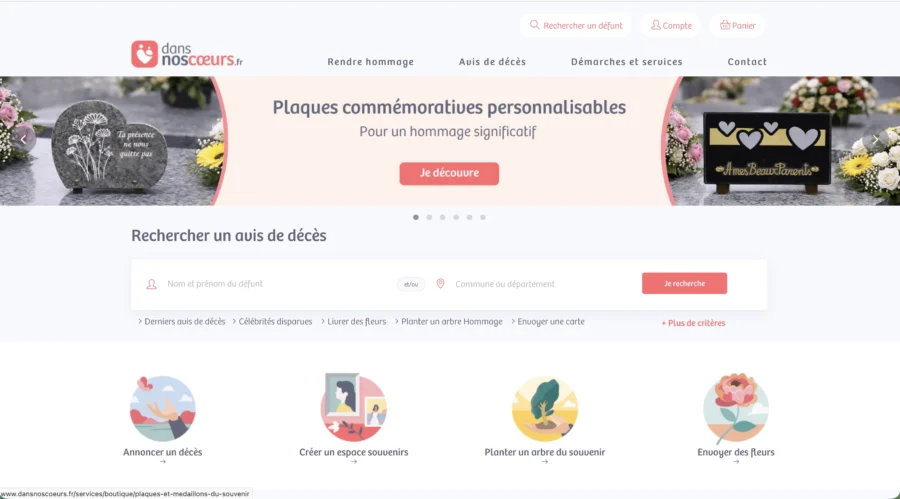 Page d'accueil d'un site web proposant la création de plaques commémoratives personnalisables pour les cimetières.