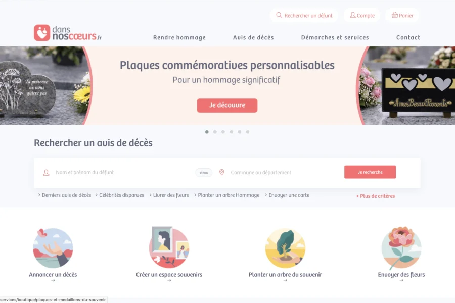 Page d'accueil d'un site web proposant la création de plaques commémoratives personnalisables pour les cimetières.