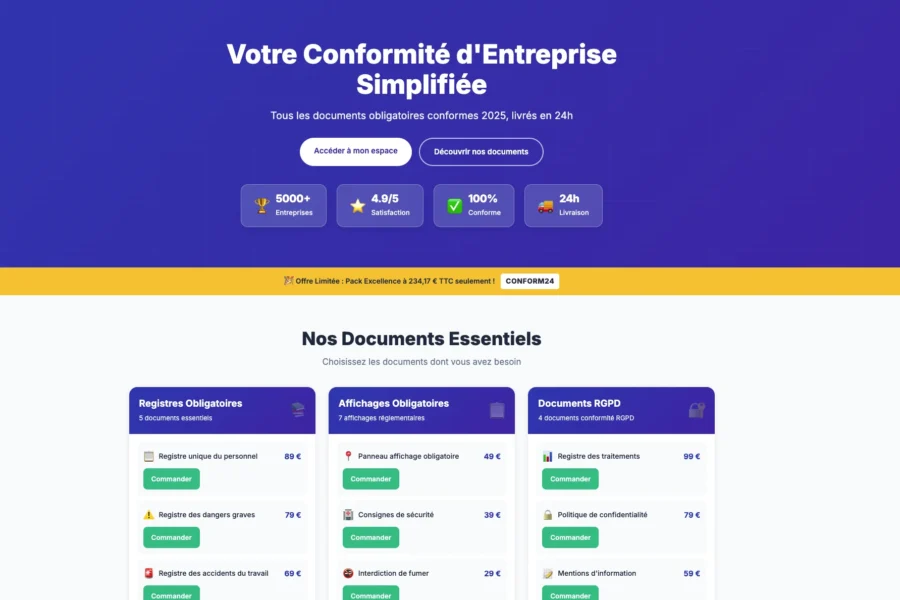Capture d'écran d'un site web proposant des solutions de conformité réglementaire d'entreprise, avec des sections pour les documents essentiels et des statistiques de confiance.