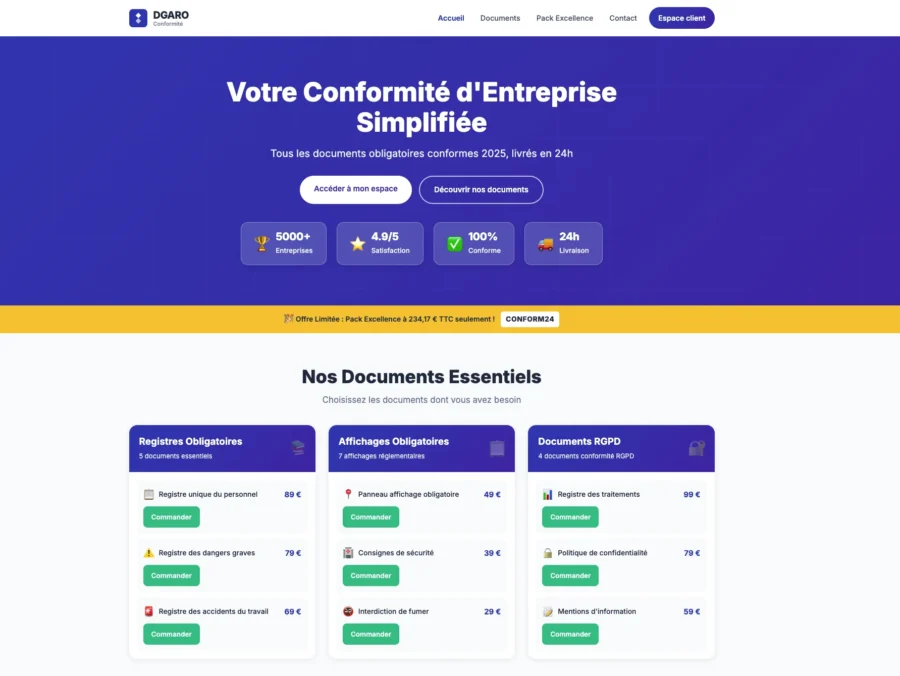 Capture d'écran d'un site web proposant des solutions de conformité réglementaire d'entreprise, avec des sections pour les documents essentiels et des statistiques de confiance.