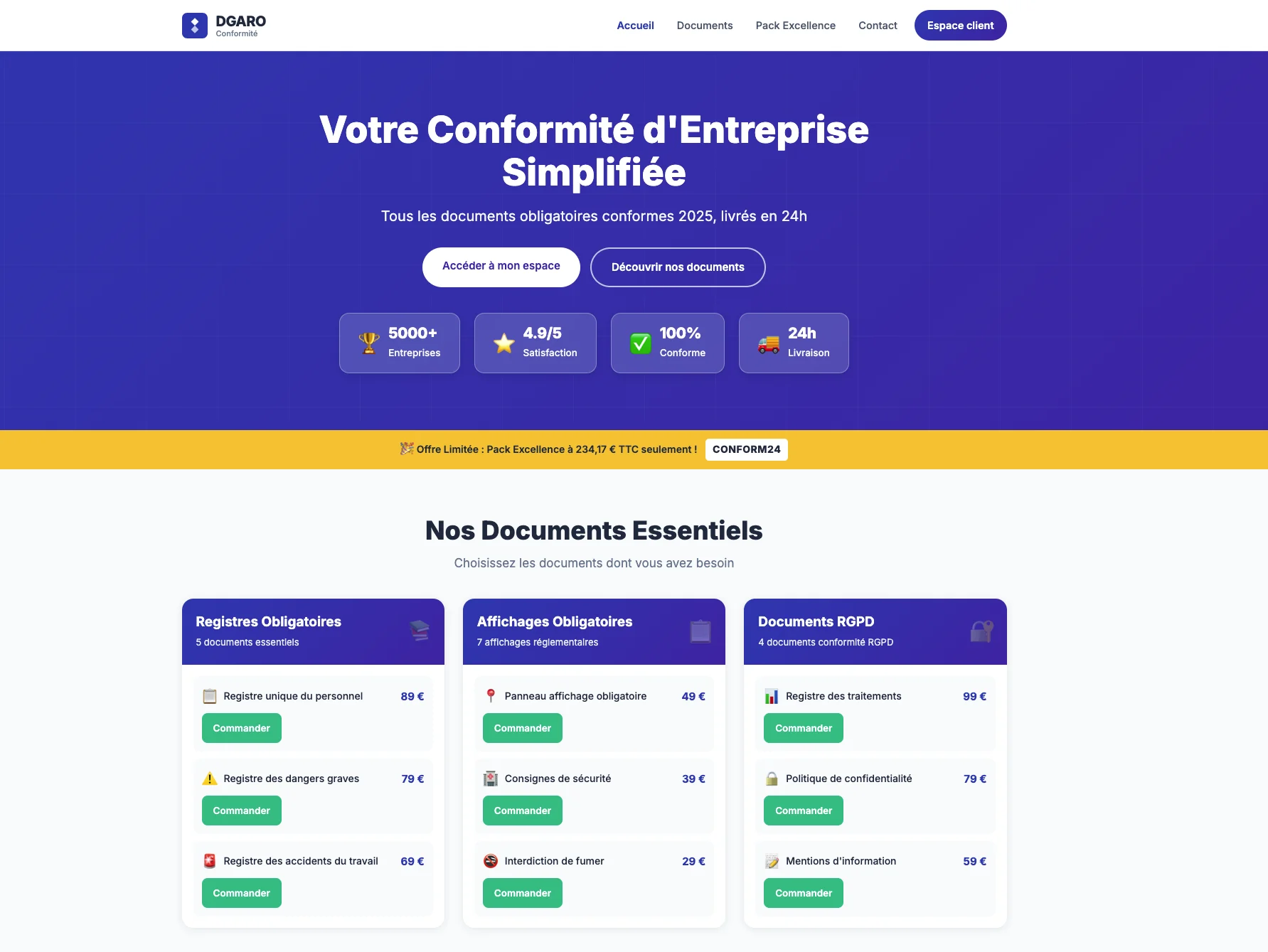 Capture d'écran d'un site web proposant des solutions de conformité réglementaire d'entreprise, avec des sections pour les documents essentiels et des statistiques de confiance.