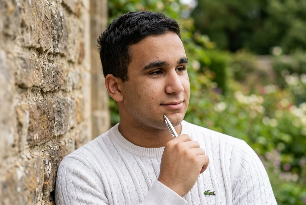 Hommes à la peau mate vêtu d'un pull blanc avec logo Lacoste, tenant un stylo près de sa bouche, debout contre un mur en pierre. La partie inférieure de l'image présente des plans rapprochés du vêtement, du visage et du mur.