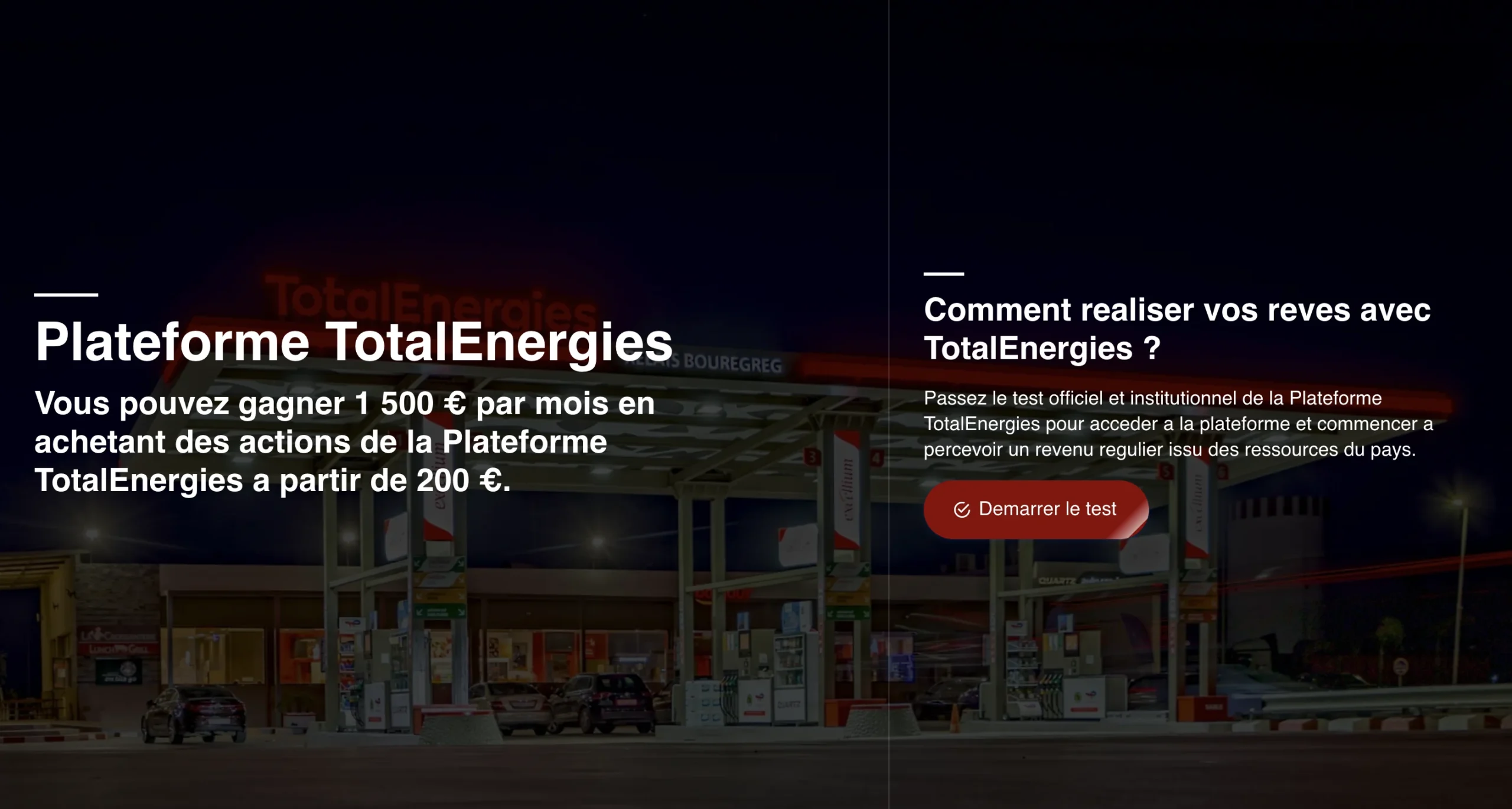 Captures d'écran d'une publicité promettant des gains mensuels via l'acquisition d'actions d'une plateforme fictive semblant usurper l'identité de la marque énergétique TotalEnergies.