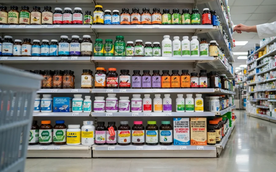 Rayon de pharmacie rempli de boîtes de médicaments et compléments.
