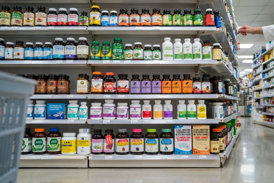Rayon de pharmacie rempli de boîtes de médicaments et compléments.