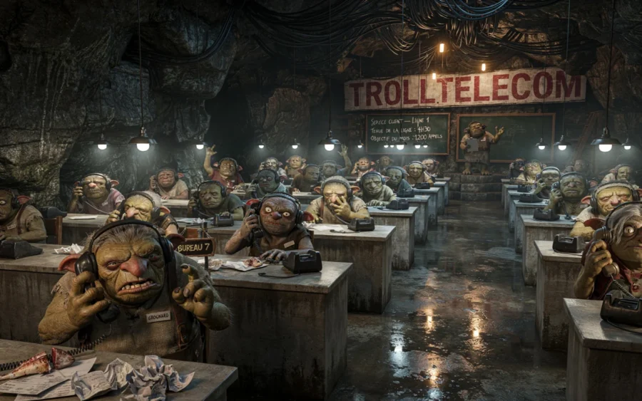 Illustration fantastique d'un centre d'appel souterrain avec des personnages grotesques et la enseigne TroulTelecom.