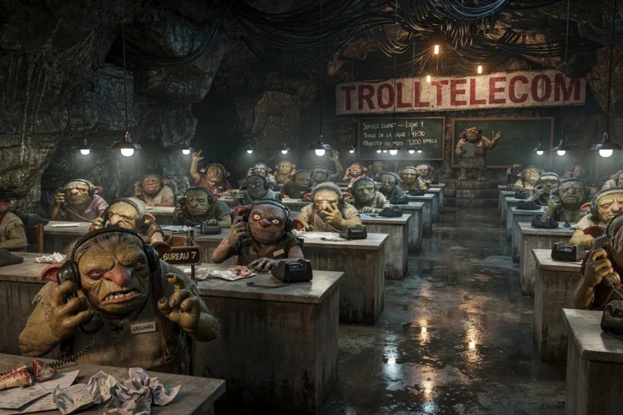 Illustration fantastique d'un centre d'appel souterrain avec des personnages grotesques et la enseigne TroulTelecom.