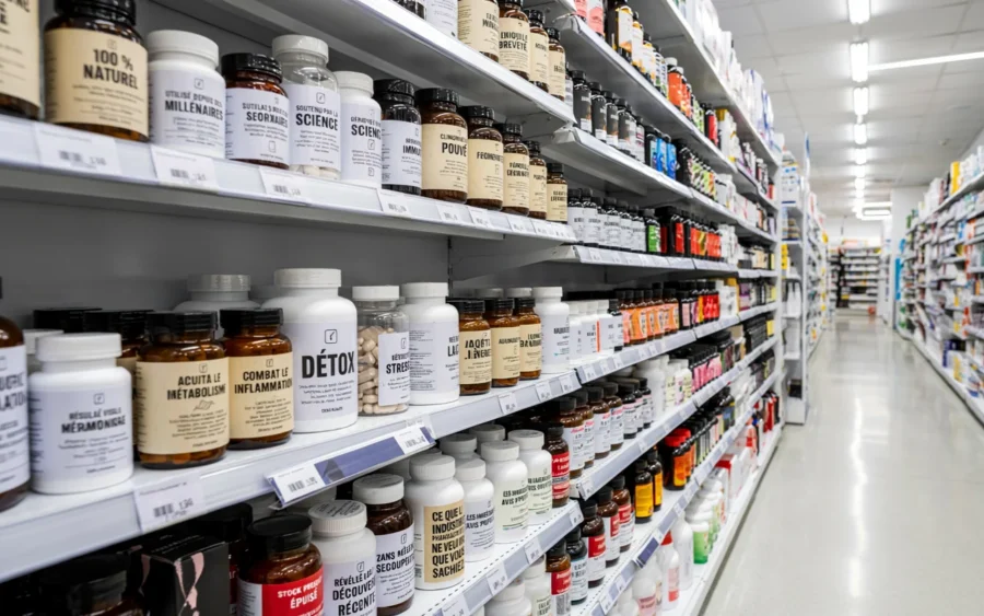 Vue d’un allée de pharmacie avec de nombreuses bouteilles de compléments alimentaires.