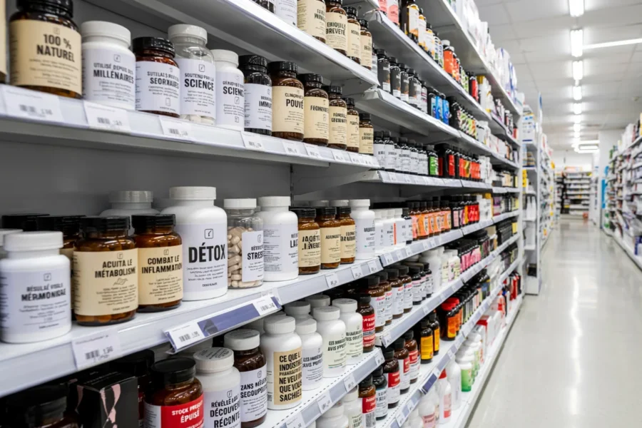 Vue d’un allée de pharmacie avec de nombreuses bouteilles de compléments alimentaires.