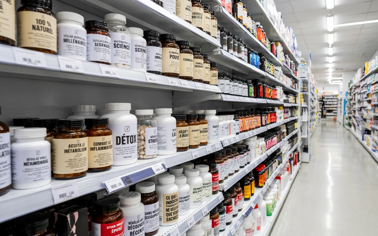 Vue d’un allée de pharmacie avec de nombreuses bouteilles de compléments alimentaires.