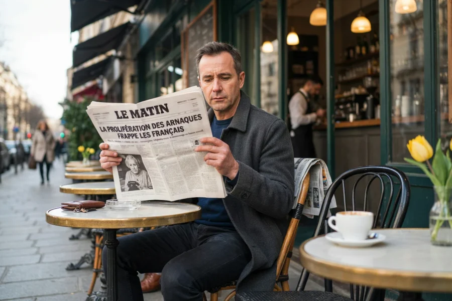 Un homme lit un journal à l'extérieur d'un café parisien.