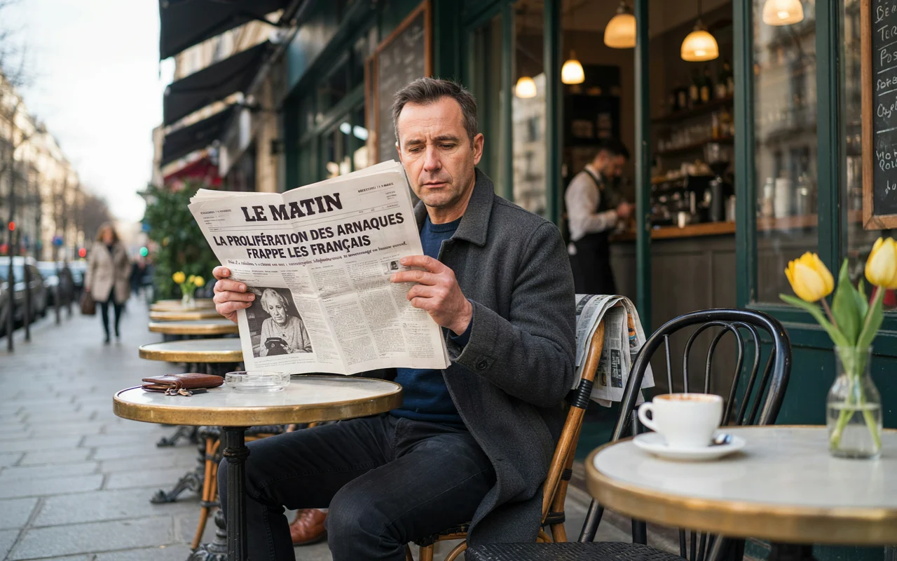 Un homme lit un journal à l'extérieur d'un café parisien.