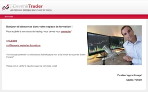 Interface du site E-Devenir Trader présentant un espace de formation et des leçons de trading, illustrée par la photo d'un homme devant des écrans.