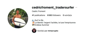 Capture d'un profil social affichant le nom Cédric Froment et une photo d'un homme portant une planche de surf.