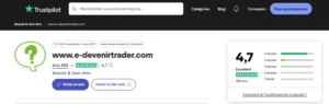 Page Trustpilot du site e-devenirtrader.com affichant une note moyenne de 4,7 sur 5.