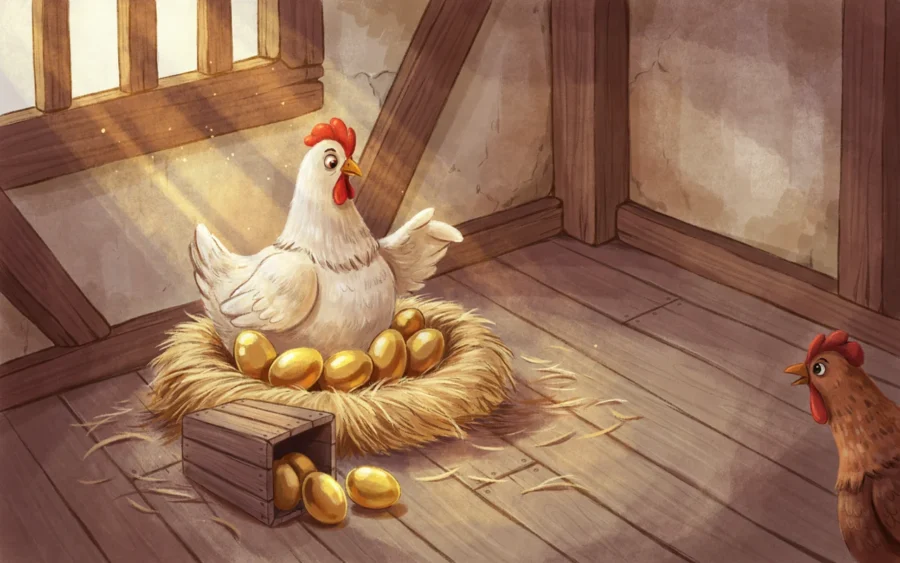 Poulet assis sur un nid d'œufs d'or brillants dans une étable en bois.