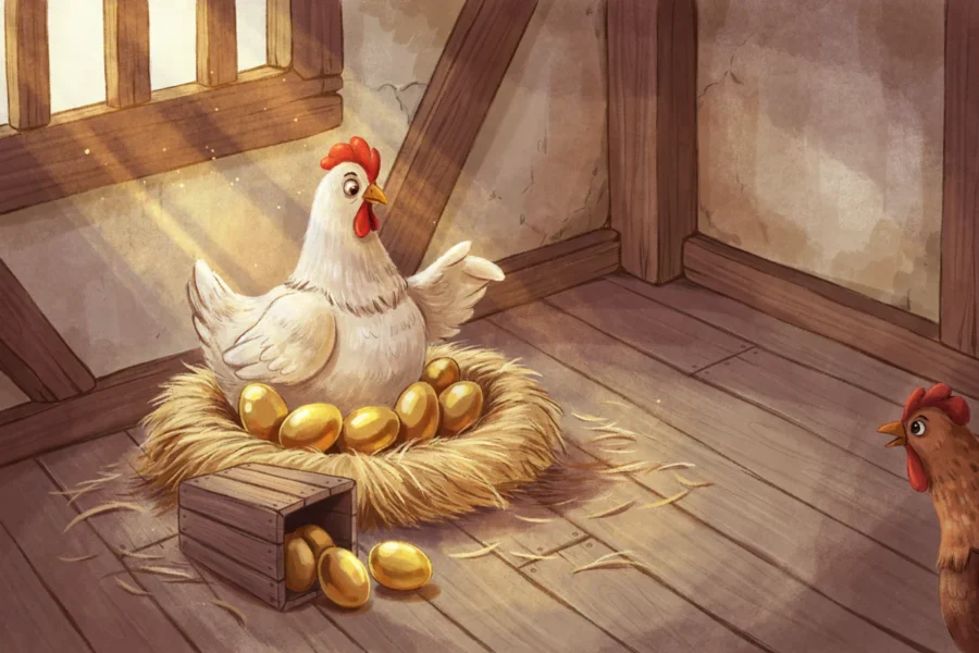 Poulet assis sur un nid d'œufs d'or brillants dans une étable en bois.