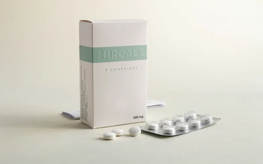 Présentation d'une boîte de médicaments blanches avec une bande verte et des comprimés en blister.