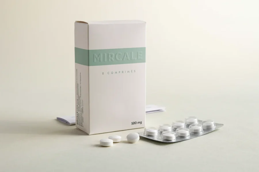 Présentation d'une boîte de médicaments blanches avec une bande verte et des comprimés en blister.