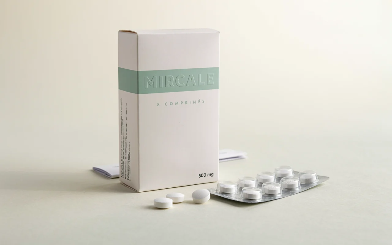 Présentation d'une boîte de médicaments blanches avec une bande verte et des comprimés en blister.