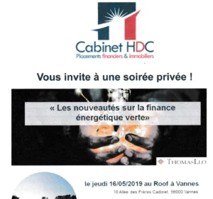 Le Cabinet HDC invite à une soirée privée sur la finance énergétique verte au Roof à Vannes.