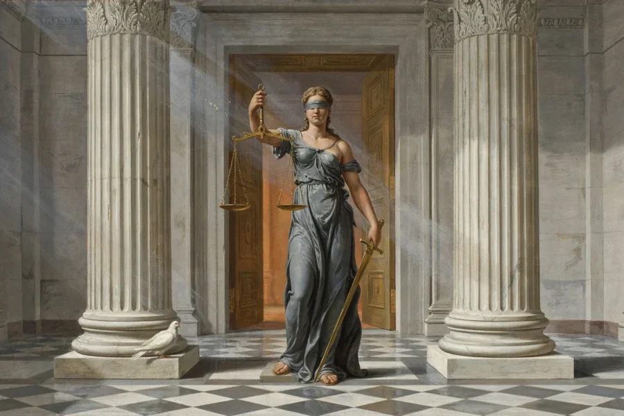 Statue classique de la déesse Thémis dans un bâtiment institutionnel évoquant le droit et la justice.