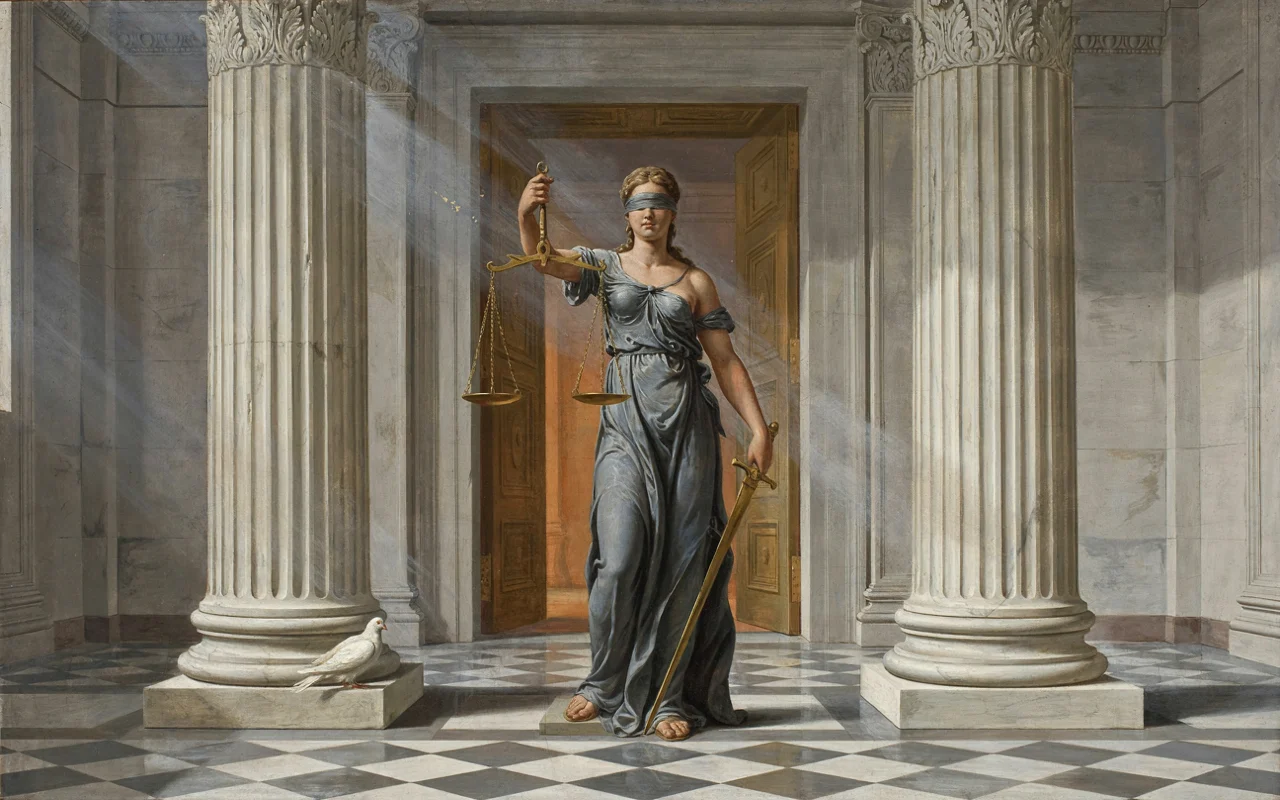 Statue classique de la déesse Thémis dans un bâtiment institutionnel évoquant le droit et la justice.