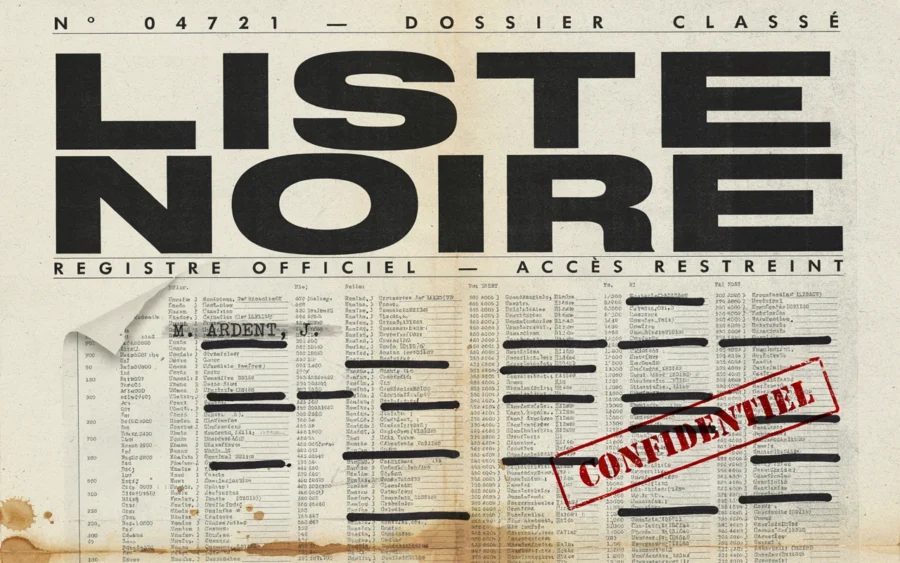 Page intitulée Liste noire avec des lignes caviardées et un tampon rouge confidentiel sur fond beige.