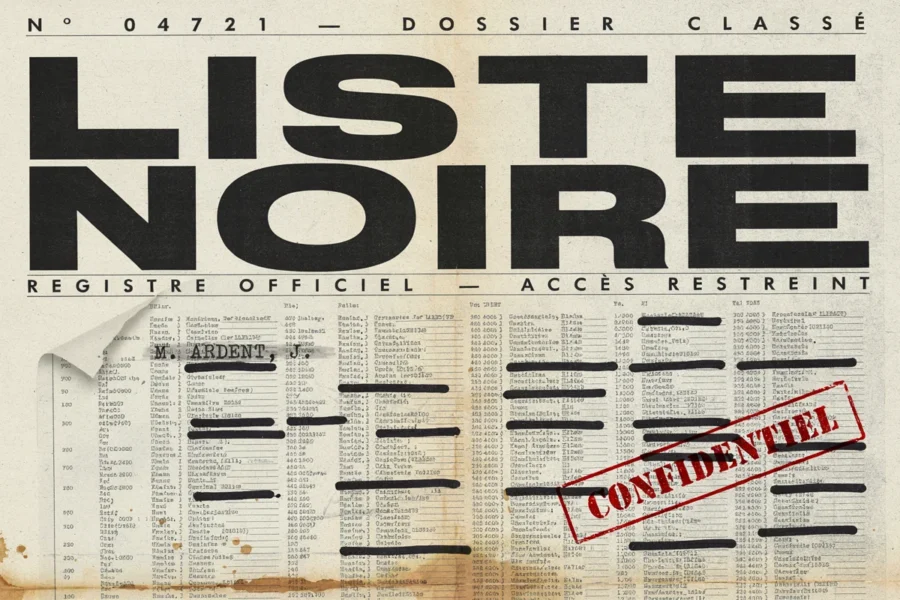 Page intitulée Liste noire avec des lignes caviardées et un tampon rouge confidentiel sur fond beige.