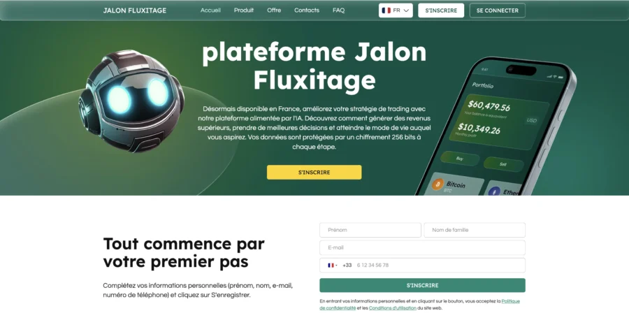Image montrant une interface web avec le titre plateforme Jalon Fluxitag, une illustration robotique, et un écran de téléphone.