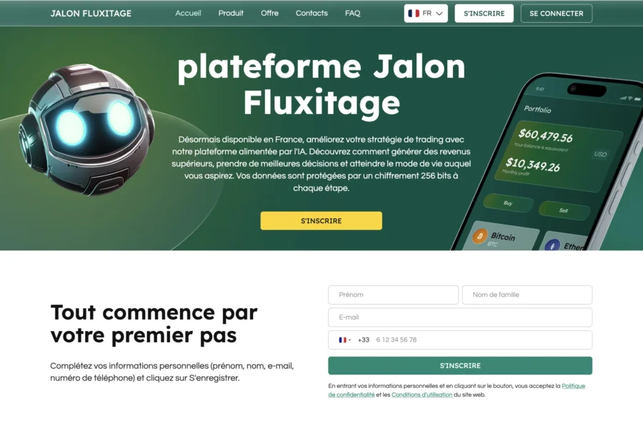 Image montrant une interface web avec le titre plateforme Jalon Fluxitag, une illustration robotique, et un écran de téléphone.