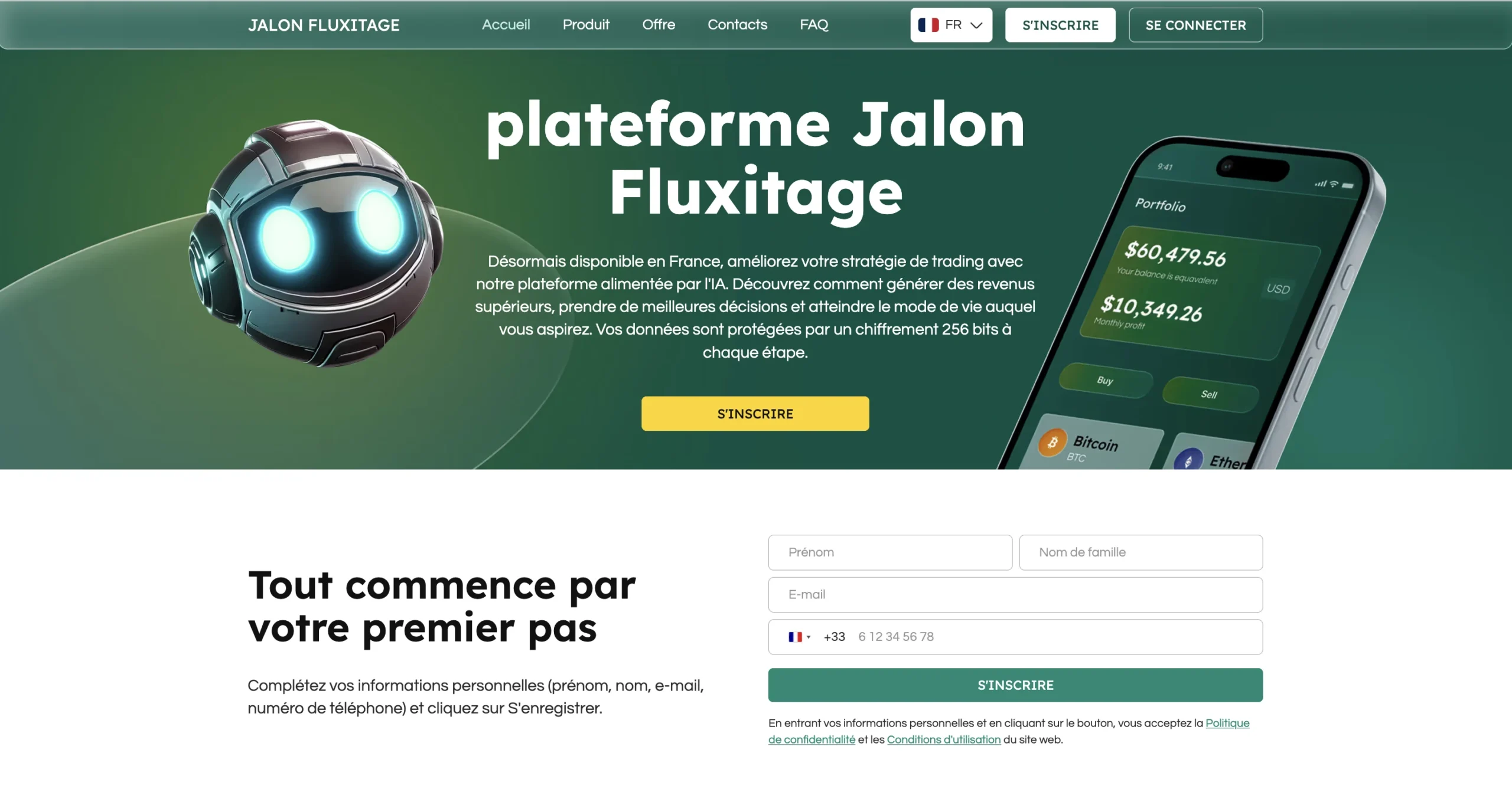 Image montrant une interface web avec le titre plateforme Jalon Fluxitag, une illustration robotique, et un écran de téléphone.