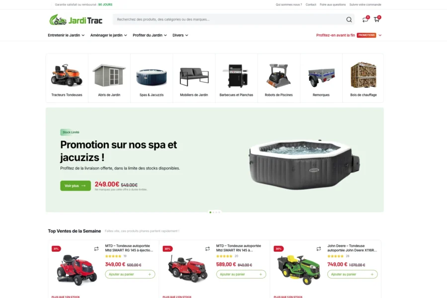 Page web de Jarditheque proposant des promotions sur les spas et motos tondeuses