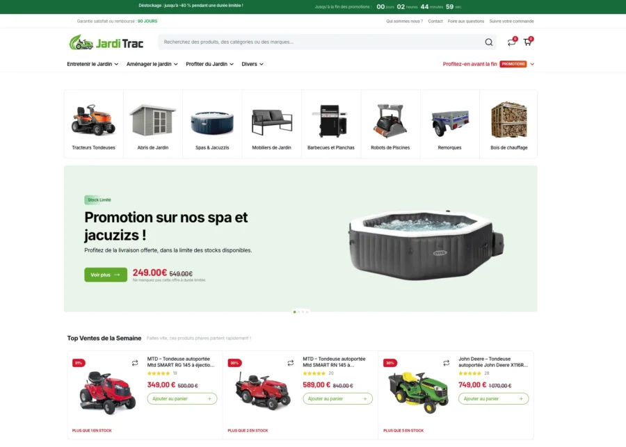 Page web de Jarditheque proposant des promotions sur les spas et motos tondeuses