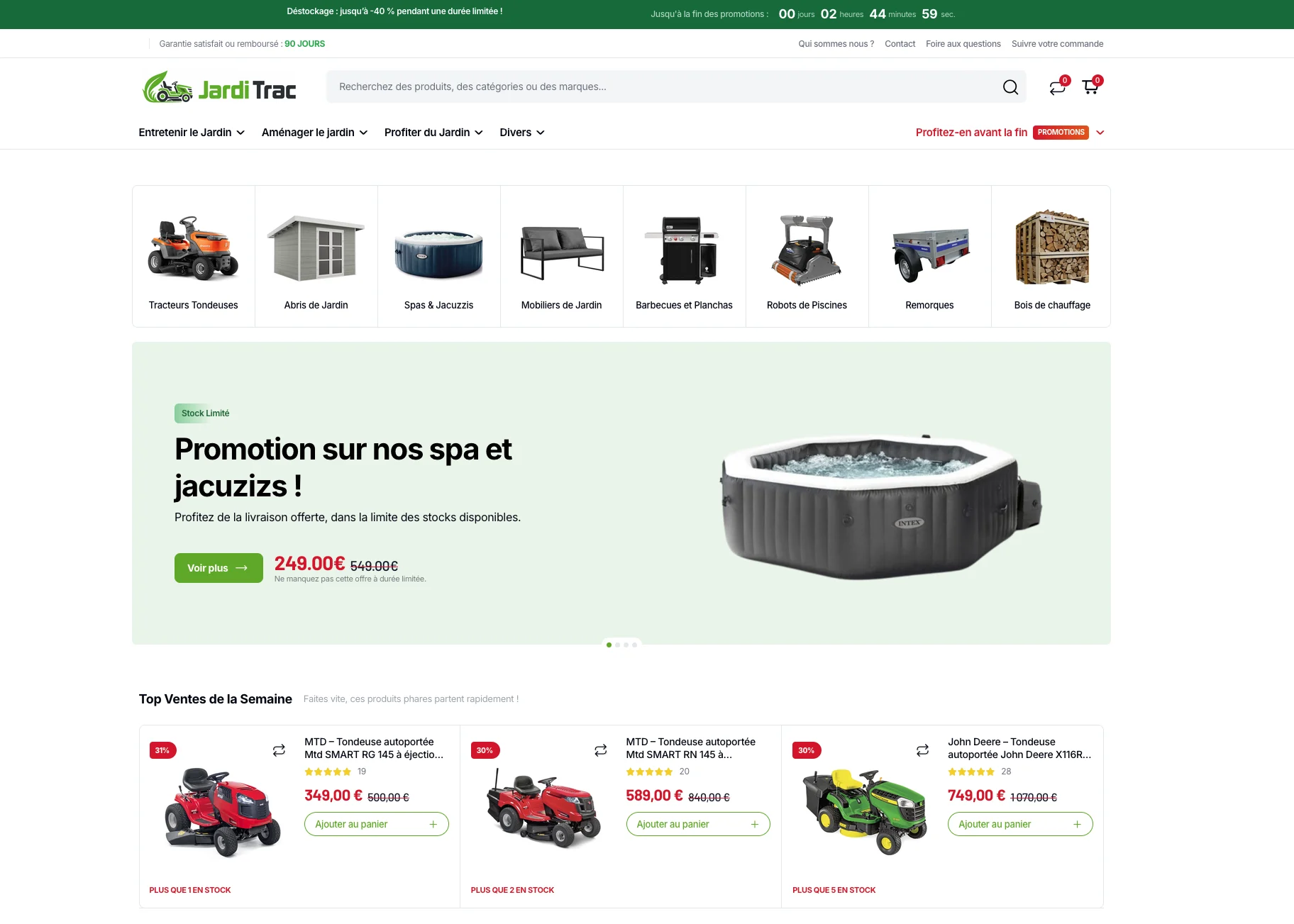 Page web de Jarditheque proposant des promotions sur les spas et motos tondeuses