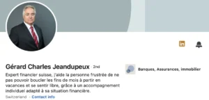 Capture d'un profil LinkedIn identifié Gérard Charles Jeandupeux, décrivant ses services d'expert financier en Suisse.