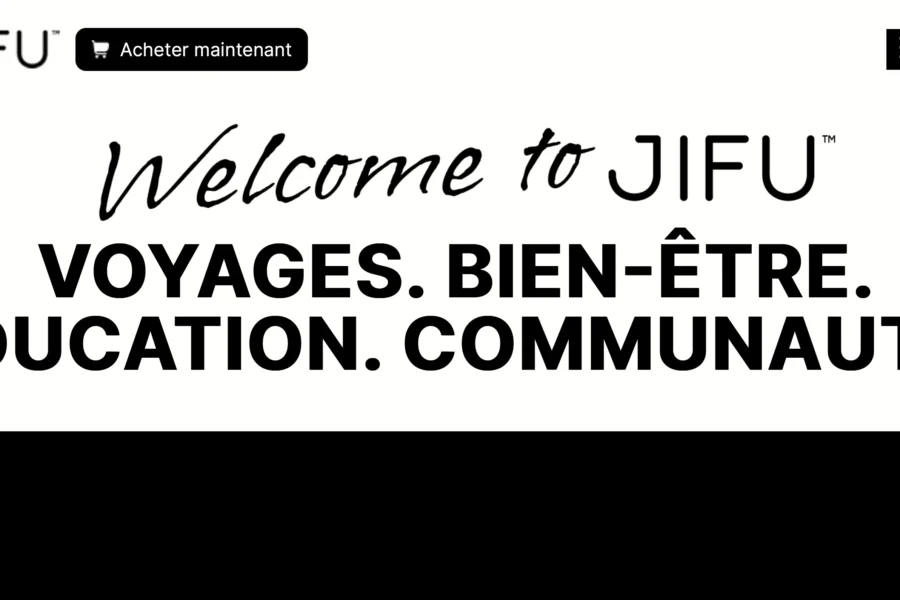 Page d'accueil JIFU affichant le slogan : Voyages, Bien-être, Éducation, Communauté.