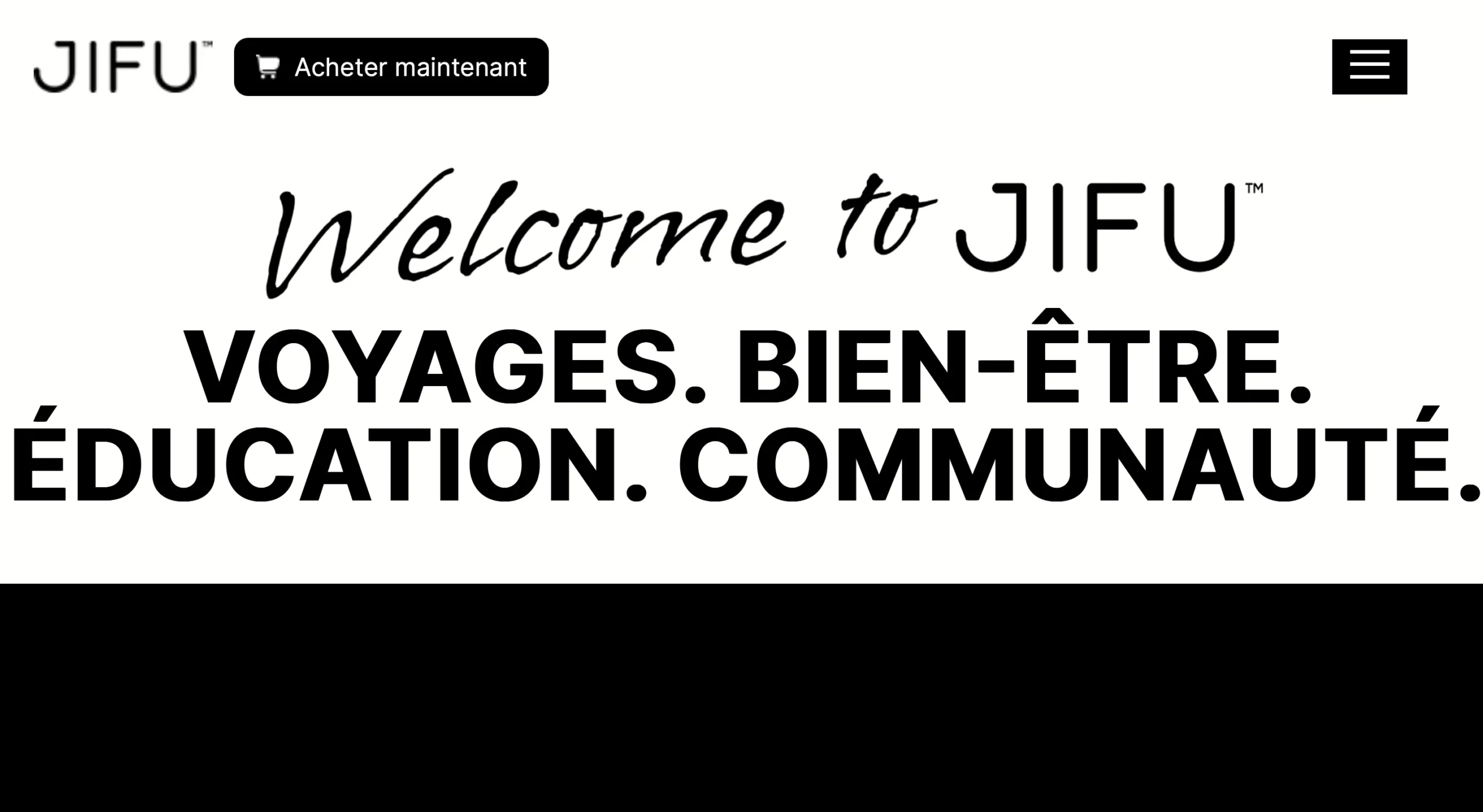 Page d'accueil JIFU affichant le slogan : Voyages, Bien-être, Éducation, Communauté.
