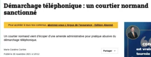 Capture d'écran d'un article de L'Argus de l'assurance traitant de la sanction d'un courtier normand pour démarchage téléphonique.