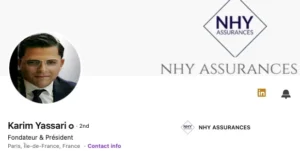 Capture du profil LinkedIn de Karim Yassari, Fondateur et Président de NHY Assurances, accompagnée du logo de la société.