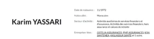 Extrait de fiche signalétique affichant le nom Karim YASSARI, la date du 12/1972, la nationalité Marocaine et les secteurs d'activité.