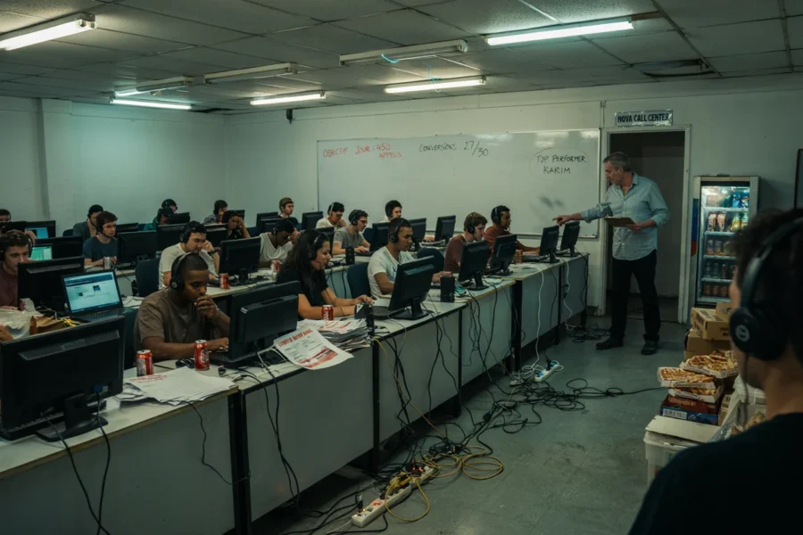 Ein Großraum-Büro mit mehreren Personen an Computerarbeitsplätzen, einem freien Whiteboard und einer anwesenden stehenden Person.