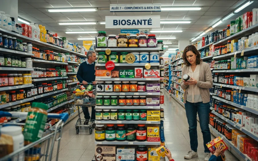 Allée d'une pharmacie identifiée Biosanté, une femme examine un produit au centre de l'effondrement, un homme pousse un chariot à l'arrière-plan.