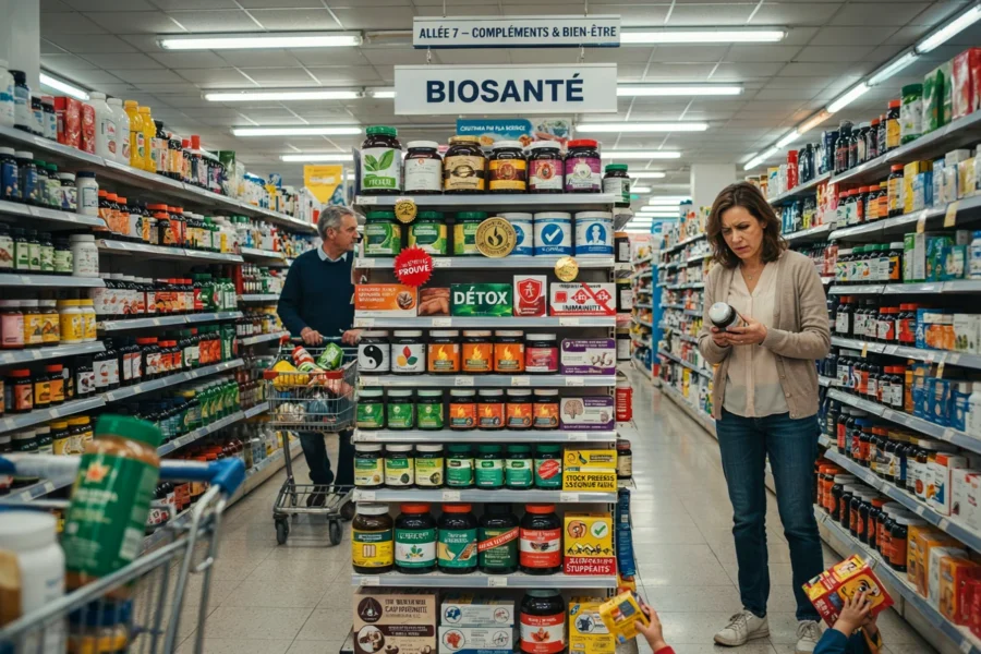 Allée d'une pharmacie identifiée Biosanté, une femme examine un produit au centre de l'effondrement, un homme pousse un chariot à l'arrière-plan.