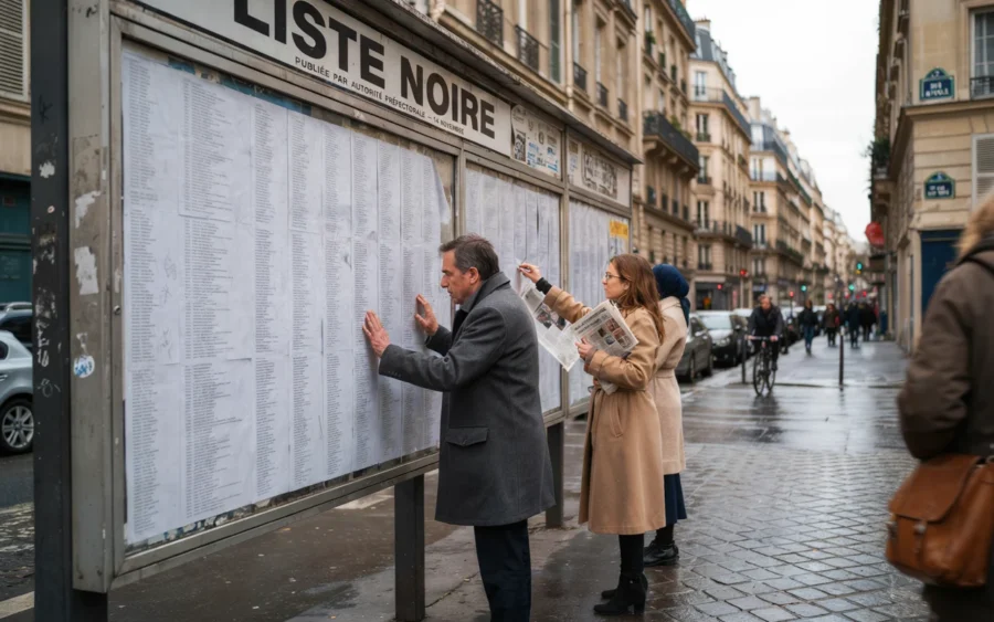 Des personnes examinent une grande affiche intitulée Liste Noire sur un panneau public dans une rue parisienne humide.