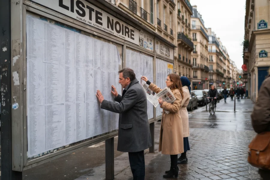 Des personnes examinent une grande affiche intitulée Liste Noire sur un panneau public dans une rue parisienne humide.